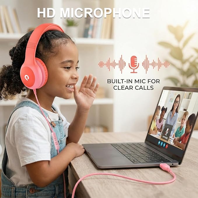 Wired Kids Headphones with USB C Plug, 85dB Safe Volume, Adjustable Headband, Tangle-Free Cord Headphones for School, Tablet, Travel (Coral Red & Soft Peach, with Microphone)