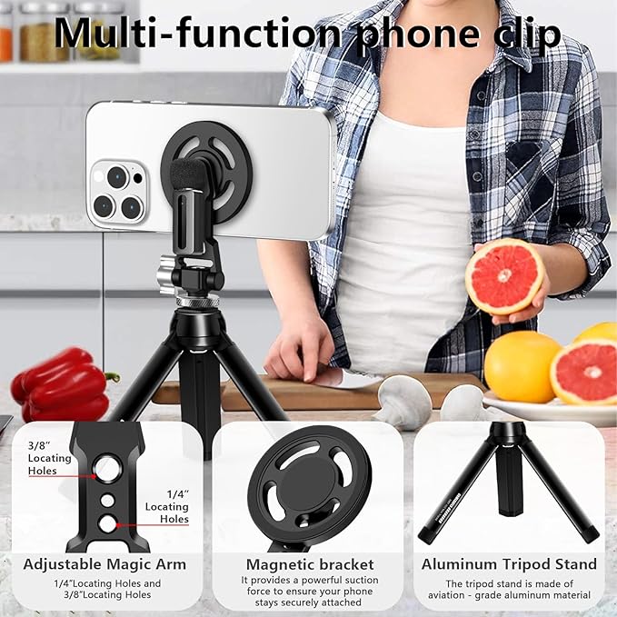 Aluminum Magnetic Stand Mount with Cold Shoe Mount for iPhone,Adjustable Rotable Cellphone Tripod Stand Holder for iPhone,Camera Monitoring.