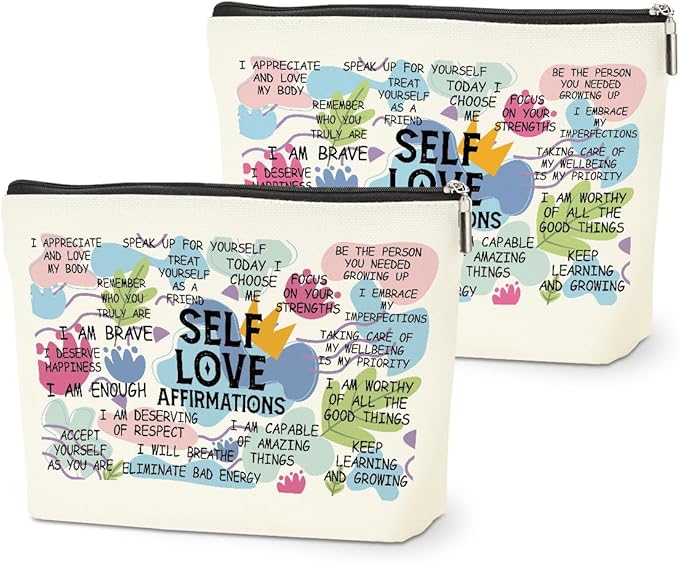 2PCS Positive Affirmations Makeup Bag Self Love Gifts Mental Health Inspirational Gifts for Women Girl Sister the Counselor Coworker Birthday Friendship Graduation Travel Toiletry Cosmetic Bag