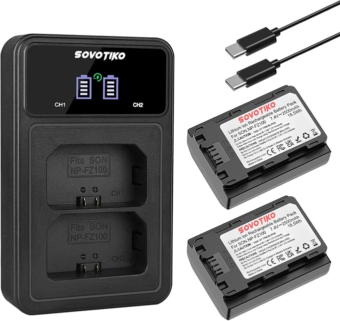 NP-FZ100 2500mAh Battery 2-Pack and Dual Port PD Fast Charger for Sony A7III, A7IV, A7C, ZV-E1, FX3, FX30, A6600, A6700, Alpha 9, Alpha 9S, A7R III, A7R IV, and A7R V Camera