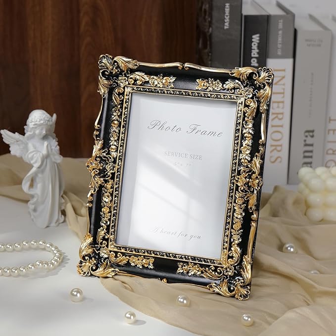 Cuspin 5x7 Picture Frame Black and Gold Frames, Vintage Baroque Handcrafted Resin Frames with Glass Front, Ornate Textured Design Decorative Picture Frame for Tabletop & Wall Display