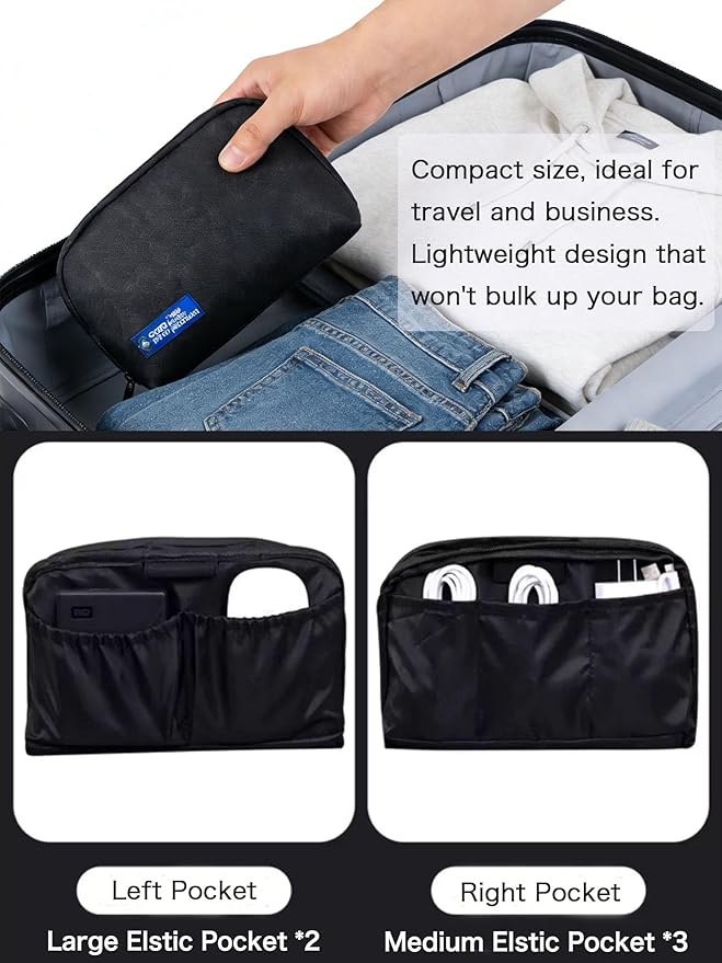 Travel Tech Pouch, Electronics Organizer Travel Case, Waterproof Cord Case for Phone, Charger, Hard Disk, Power Bank, Airplane Travel Essentials Bag, Accessories (Black)