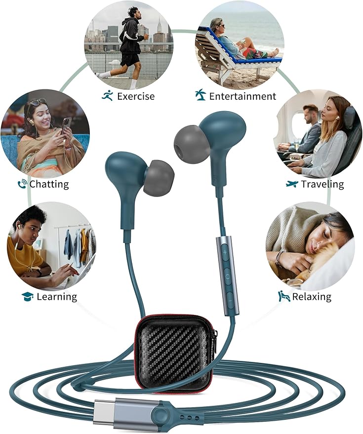 USB C Headphones for iPhone 17/16/15/Samsung S26/S25/S24 Wired Earbuds with Microphone for Galaxy S23 S22 S21 S20 Magnetic Noise Canceling in-Ear Type C Earphones for iPad 10th/Pixel 9 8 7a, Lake-Blue