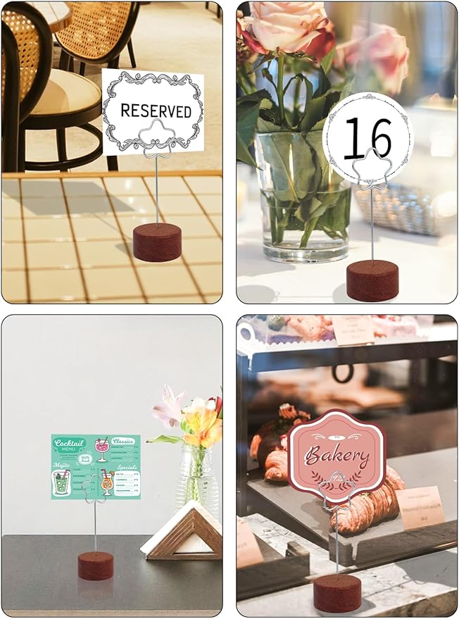 Wood Place Card Holders with Metal Clip 6Pack, 4.3" Tall Table Number/Name Sign Holder, Memo Card Photo Picture Note Clip Stands for Party Restaurant (Silver Flower)