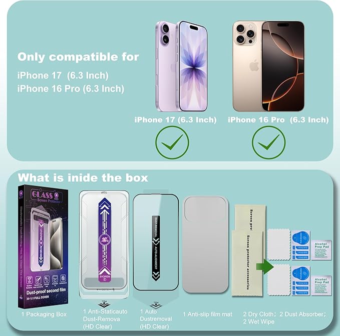 SHANG PIN JIA 2 Pack Screen Protector Tempered Glass for iPhone 17&16 Pro 6.3-Inch Auto Dust Removal, No Bubbles, High Definition Clear, Easy Installation
