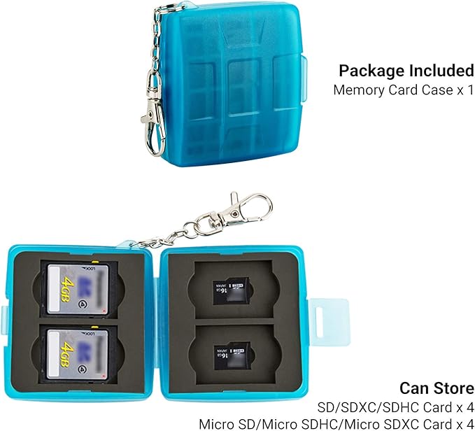 8 Slots Memory Card Case for 4 SD/SDHC/SDXC Cards and 4 Micro SD/TF Cards,Anti-Dust Crush Resistance,SD Card Case Small Micro SD Holder with Chain (Blue)