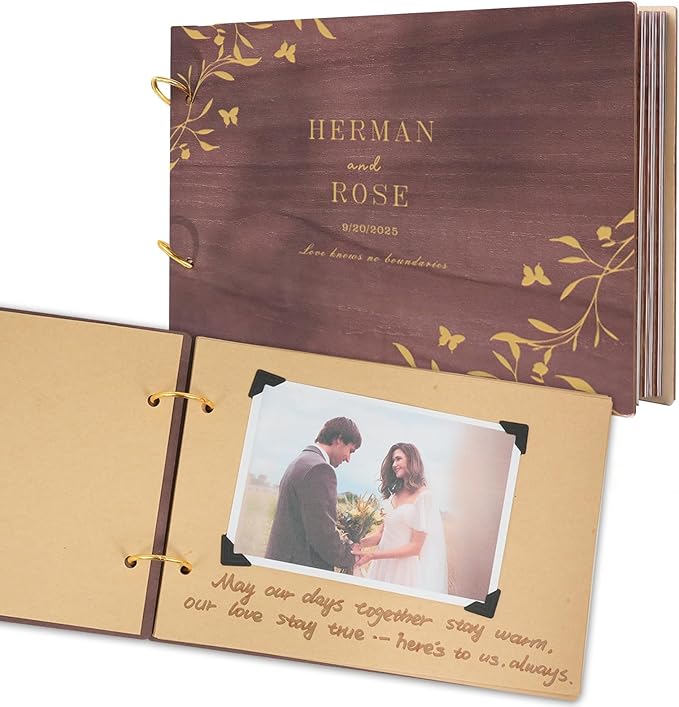 Custom Wedding Scrapbook Album, Personalized Wooden Wedding Photo Album Carved Flowers and Names, Anniversary Scrapbook Birthday Engagement Keepsake Gifts