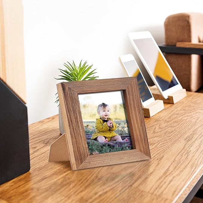 4 x 4 Picture Frame Square Wood Distressed Simple Striped Border Designed Brown Wooden Photo Frame with HD Glass for Tabletop Display Wall Mount Wedding Baby Family Farmhouse Collage Home Office Decor