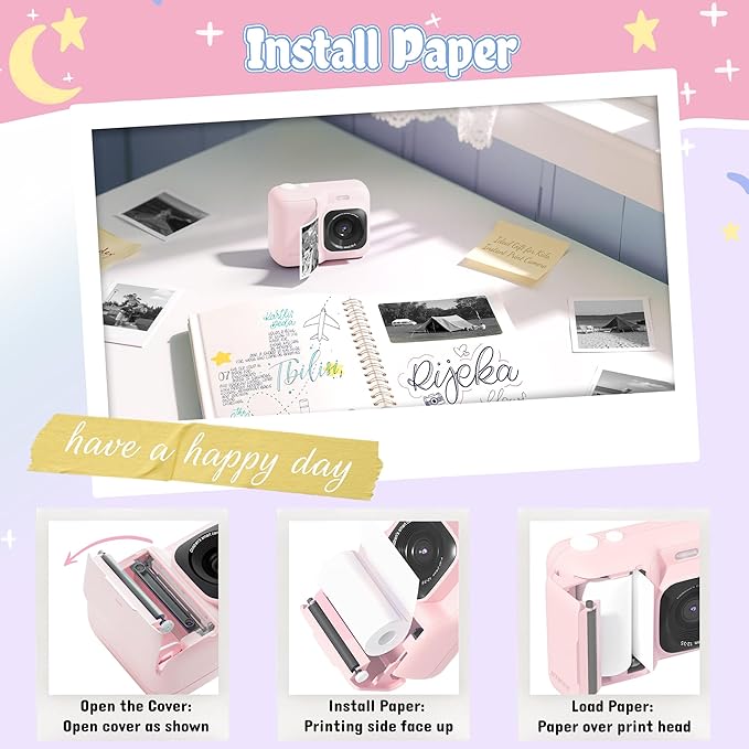 ETIKEZ Kids Camera, 1080P Instant Digital Print Camera for Kids, Christmas Birthday Gifts for 4 5 6 7 8 9 10 Year Old Girls Boys, Portable Toy with 32GB SD Card & 3 Rolls Printing Paper, Rose