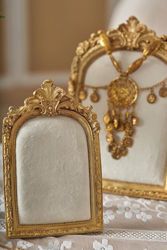 Large Two-Piece Gold Resin Jewelry Display Stand, Vintage Photo Frame Earring Holder, Velvet Necklace Storage Box, Elegant Décor for Jewelry and Collectibles