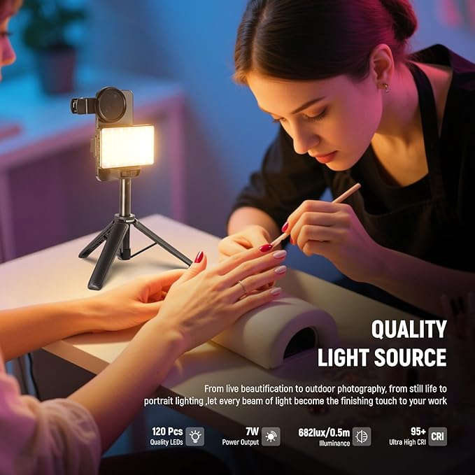 NEEWRE Basics LED Selfie & Tattoo Light Compatible with iPhone, Clip on CPL Filter/Tripod Stand/Phone Holder, Fill Lighting Remove Reflection for Art Food Jewelry Photography Video Recording, BL120B