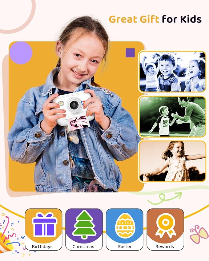 Kids Color Instant Print Camera – Kids Camera with 5 Color Photo Paper, 48MP & 1080P Video, 21 Fun Frames, 32G Card, Christmas/Birthday Gifts for Girls and Boys Ages 3 4 5 6 7 8 9 10 11 12 -White