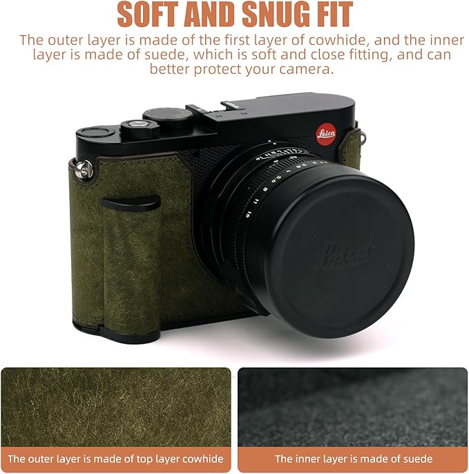 Uchandmade Handmade Genuine Leather Camera Half Case for Q3/For Q3 Camera Case/For Q3 Case - Top Layer Cowhide Body + Metal Base Plate + Hand Shank Design (Dark Green)