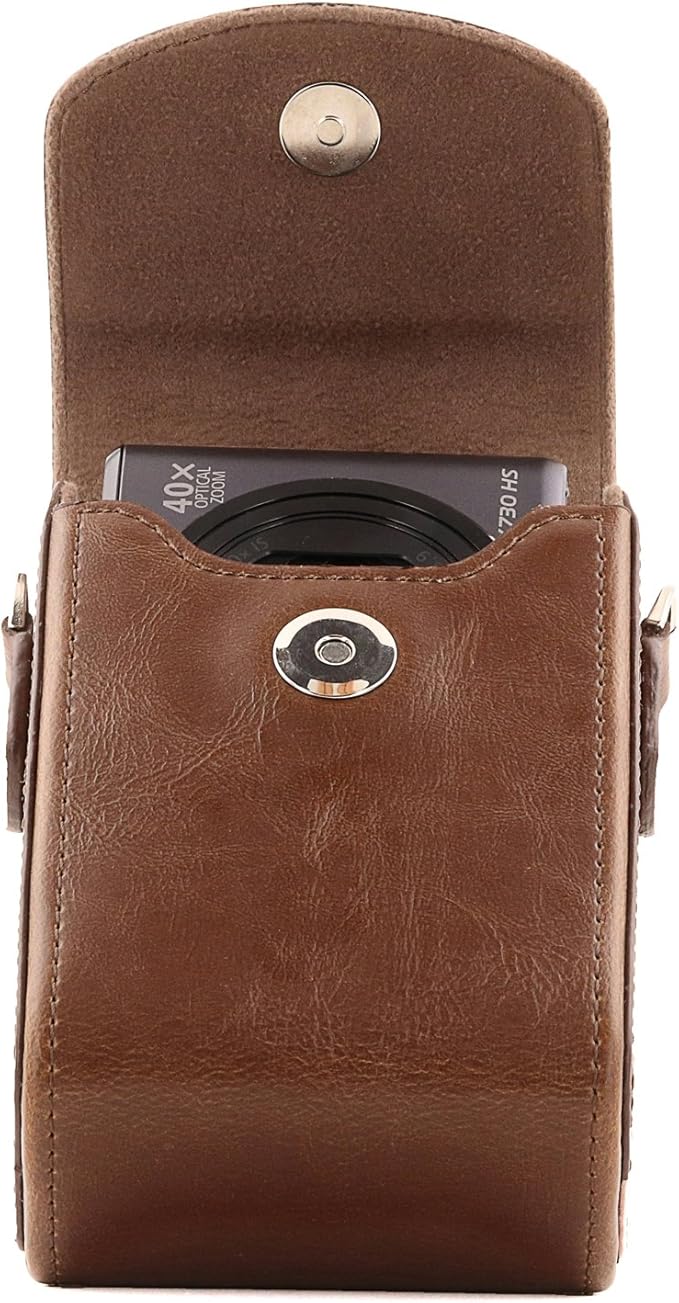 MegaGear Leather Camera Case with Strap, Compatible with Canon PowerShot S120, Nikon Coolpix P340, Panasonic Lumix DMC-ZS50, ZS45, Sony Cyber-shot DSC-RX100 III, IV, V – Brown