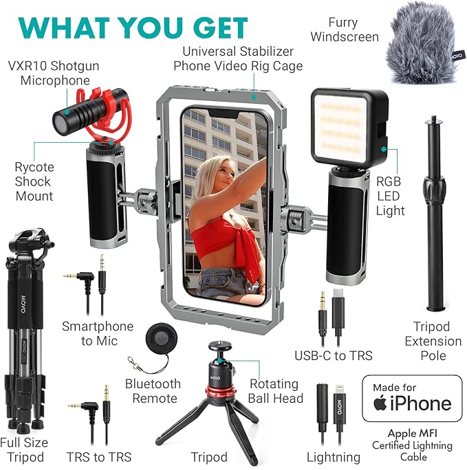 Movo iFilmer-PRO Smartphone Video Rig Kit – Stabilizer Cage with Dual Grips, VXR10 Shotgun Microphone, LED Light, & Tripod for iPhone/Android