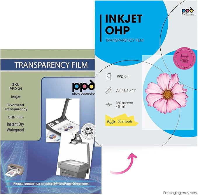 PPD Premium Inkjet Transparency Film (Overhead Projector Film) 150 Micron Thick 8.5x11" X 50 Sheets - Instant Dry PPD-34-50