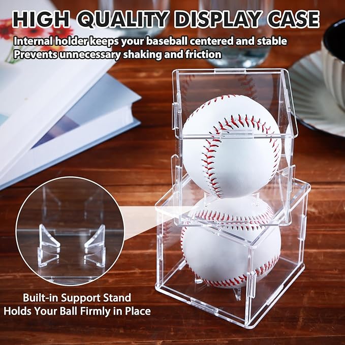 2 Pack Assembled Baseball Display Case, UV-Blocking Acrylic Baseball Holder Display Case, 3.2 Inch Cube Clear Softball Holder Box, Signed Baseballs Protector for Collectibles, Memorabilia, Tennis Ball