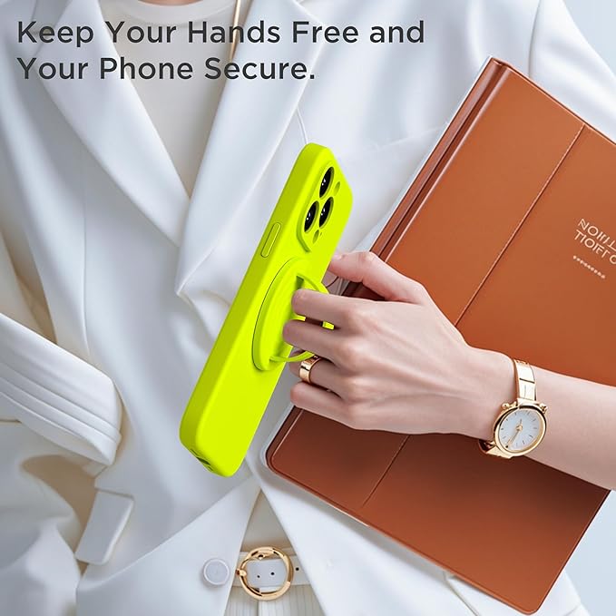 Upgraded Magnetic Phone Grip, Liquid Silicone Soft and Portable, Removable Finger Loop Ring Grip Holder for iPhone, Strong Magnetic Attraction, Compatible with MagSafe Phone Case, Neon Yellow
