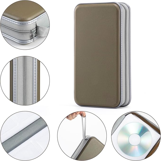 UENTIP 96 Capacity CD Case,Portable DVD Hard Plastic Case Holder CD Organizer Wallet Protective DVD Storage (olive, 96)