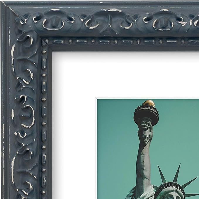 8x8 inch Distressed Wood Embossed Scroll Motif Vintage Antique Rustic Picture Frame, White Mat for 5x5 in Photo, Art Print Drawing, Wall Hanging or Desktop Display-Dark Blue