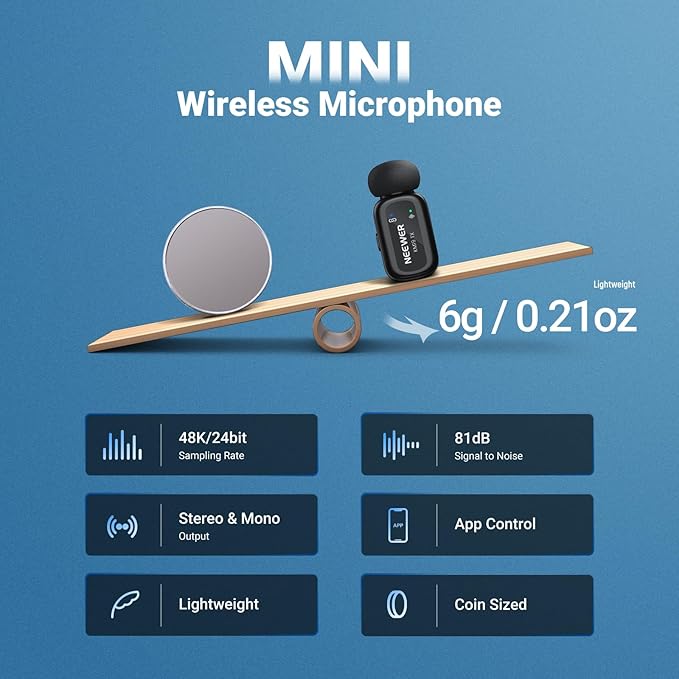 NEEWER KM19 Lightweight Wireless Lapel Microphone, 48kHz/24bit 30H Battery 3-Level Noise Cancelling Mute Stereo 100m Range Mini Lav Mic with App Control, Compatible with iPhone Android Phone PC