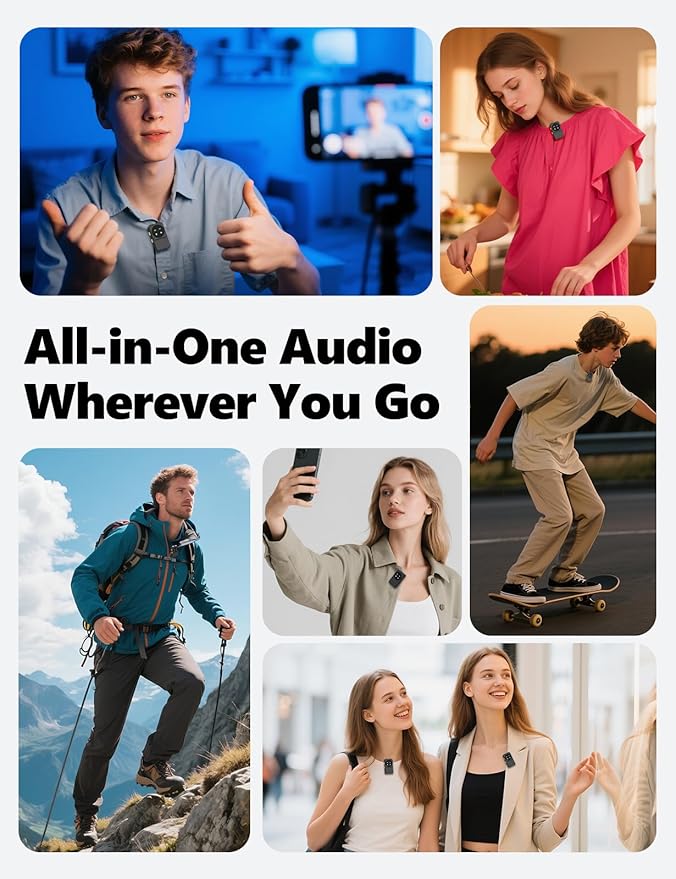 Dual Receivers Mini Microphone for iPhone, iPad, Android, Wireless Lavalier Microphone with Intelligent Noise Reduction, 48H Battery Life, 164FT, Double Lav Mics for Video Recording, YouTube, TikTok
