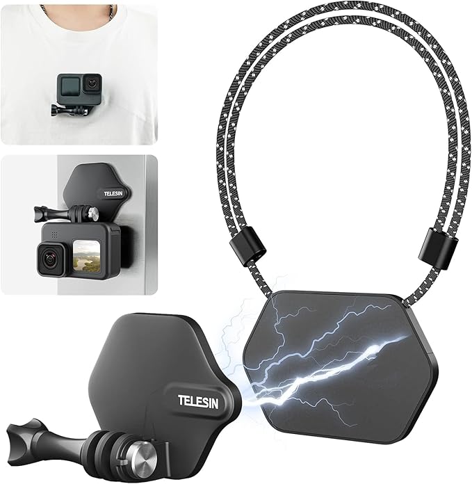 TELESIN 360° Magnetic Chest Mount + Neck Strap Necklace Lanyard, Magnet Body Mounts POV Selfie Holder Attach Accessories for GoPro Max Hero 13 12 11 10 9 Insta360 X5 X4 Ace Pro DJI Action 5 Pocket 3