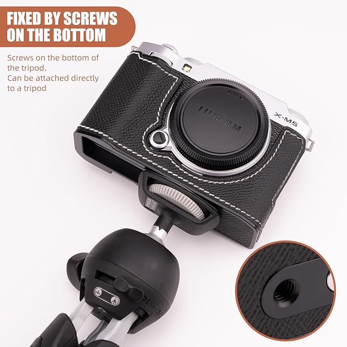 Handmade Genuine Leather Camera Half Case for Fujifilm X-M5/Fujifilm X-M5 Case - Top Layer Cowhide Body + Metal Base Plate (Black)
