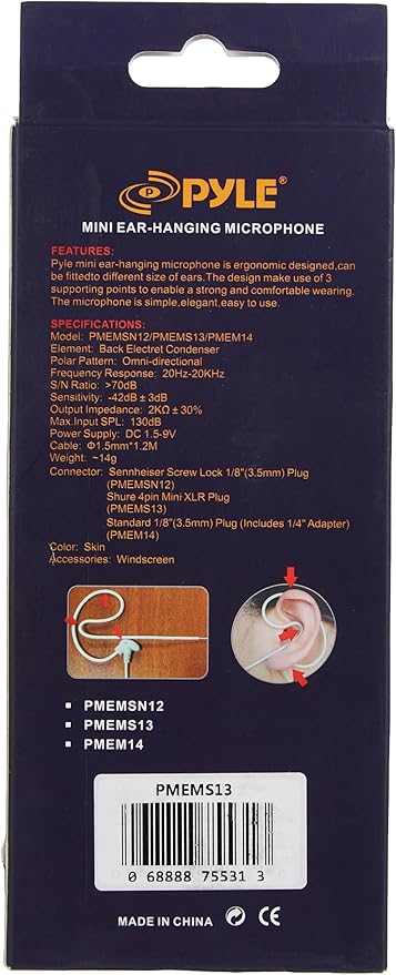 Pyle In Ear Back Electret Microphone - Professional Mini Portable Omnidirectional Wired Headset Voice Audio Corded Condenser Mic w/ 4 Pin XLR Cable Wire, For Shure System or Studio Mixer PMEMS13