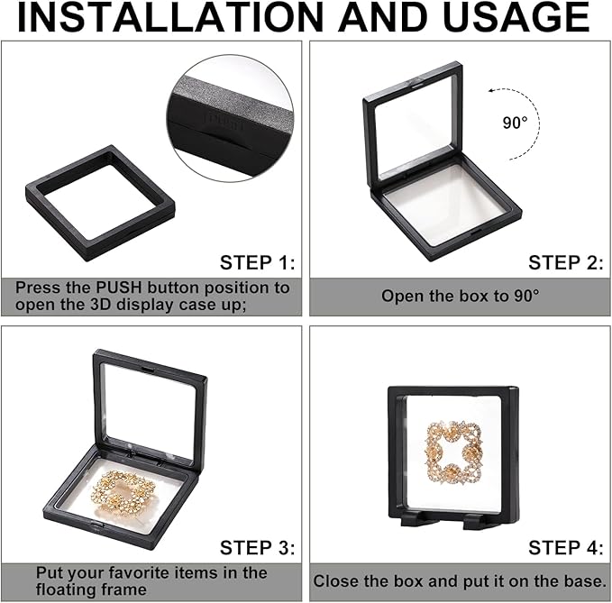 3PCS 3D Transparent Floating Frame with Stand, CAIYA Challenge Coin Display Holder, Floating Display Case for Jewelry, Medals, Specimens, Small Items, Fossils Rocks,4.3x4.3 inches