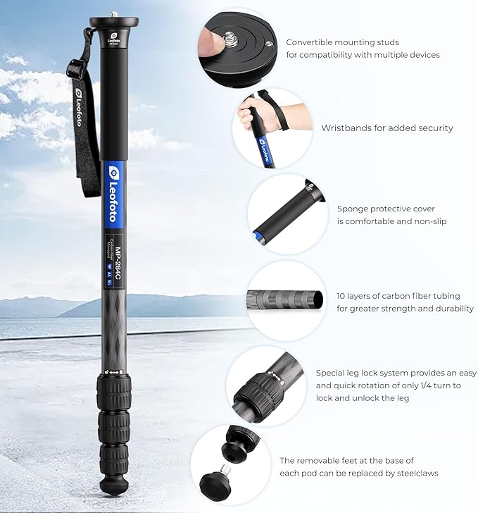 LEOFOTO 65" Lightweight Travel Carbon Fiber Monopod, 4 Section Professional Video Monopod with Wrist Strap for DSLR Mirrorless Camera, Max Load 18kg/39.68lb