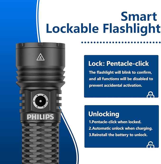 Philips Rechargeable Flashlights High Lumens with Ignition Lens,13000lm Professional Smart Super Bright Flashlight with Stepless Dimming&Smart Memory,Waterproof,Powerful Handheld LED Flash Light