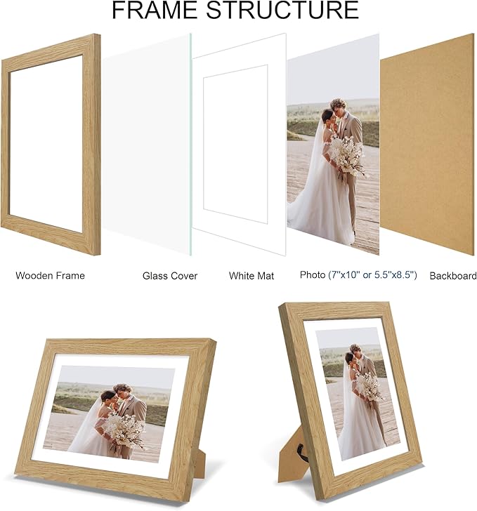 7x10 Picture Frame Set of 4, Made of Real Glass and Natural Oak Frame - Display 5.5 x 8.5 Diploma Frame with Mat or 7x10 Without Mat, 7 by 10 Photo for Wall or Tabletop