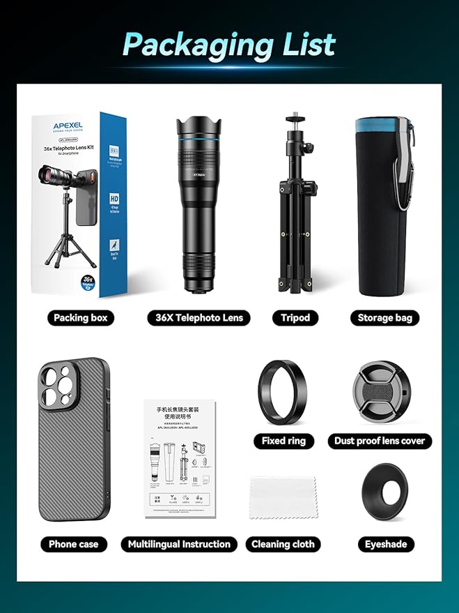 APEXEL 36x Telephoto Lens Compatible with iPhone 15 Pro | Photography for Travel, Birdwatching, Exploration | Kit with Sturdy Metal Tripod and Threaded Phone Case