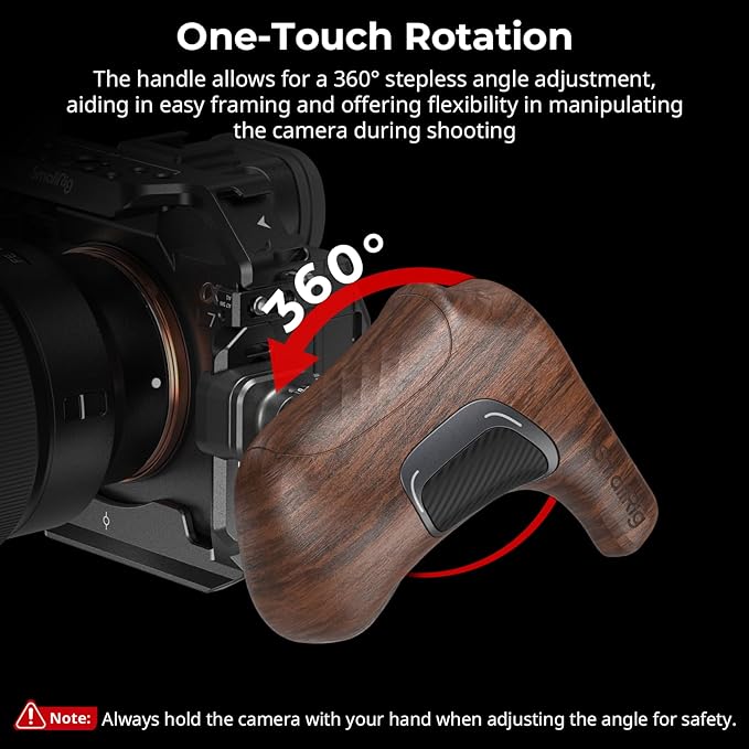 SmallRig Rotating Left-Side Wooden Handle with NATO Clamp & NATO Rail, Load Capacity up to 15kg, One-Touch Rotation, 360° Angle Adjustment, Anti-Slip Design