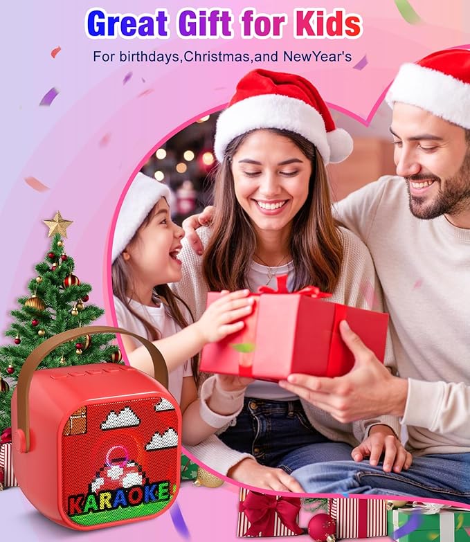 Mini Karaoke Machine, Portable Bluetooth Speaker with 2 Wireless Microphones for Kids & Adults, Karaoke Microphone with LED Lights, Gifts for Girls & Boys_Red
