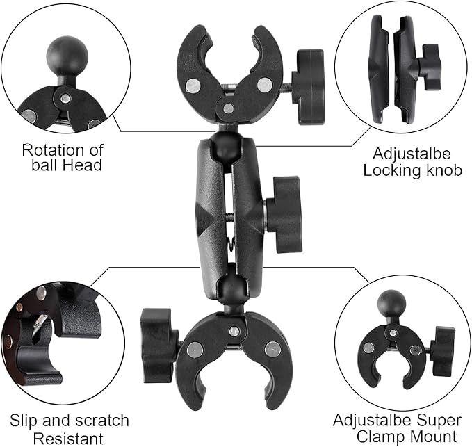 PellKing Camera Motorcycle Mount for Insta360 X5/X4/X3/X2,Double Super Clamp Mount Umbrella clamp Holder for Monitor Bracket Magic Socket Arm with 1/4 Thread for Moto Bike Bicycle Handlebar