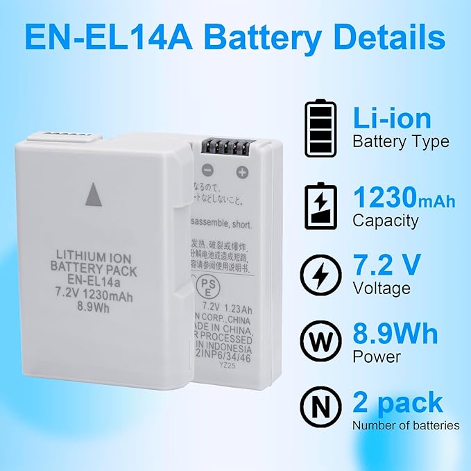EN-EL14 EN-EL14A Battery 2 Pack 1230mAh with MH 24 Quick Charger for Nikon D3100 D3200 D3300 D3400 D3500 D5100 D5200 D5300 D5500 D5600 P7000 P7100 P7700 P7800 Camera Power Supply Cord