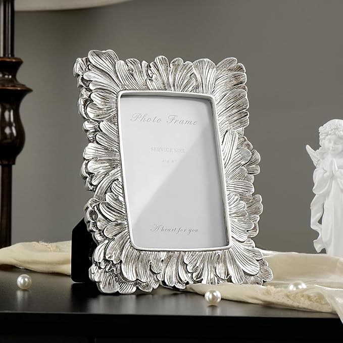 Cuspin 4x6 Picture Frame Silver, Vintage Ornate Palm Leaves Textured Hand-Crafted Resin Frames with Glass Front, Elegant Wedding Frame for Wall Hanging and Tabletop Display Home Decor
