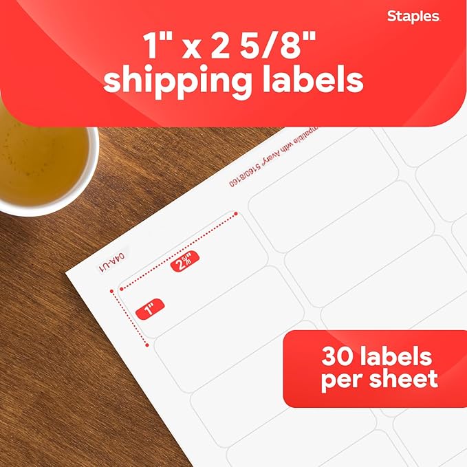 Staples 1" x 2-5/8" Address Labels, White – Printable Laser & Inkjet Mailing Labels, 750 Labels per Box