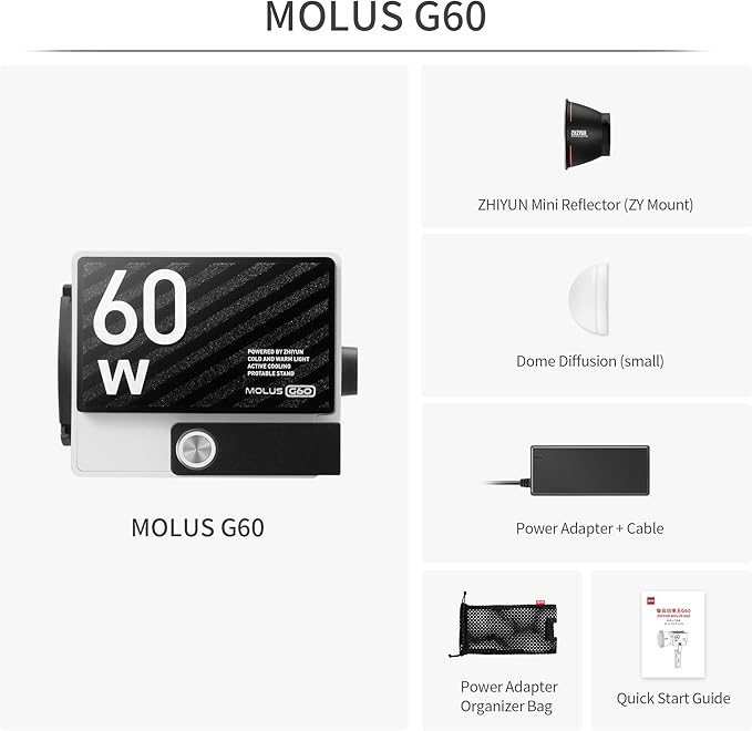 ZHIYUN Molus G60, Bi-Color Video Light, 300g Portable 60W COB LED Continuous Output Lighting, CRI≥96, TLCI≥97, Bluetooth App Control, ZY Mount Ecosystem DC/PD Power Supply