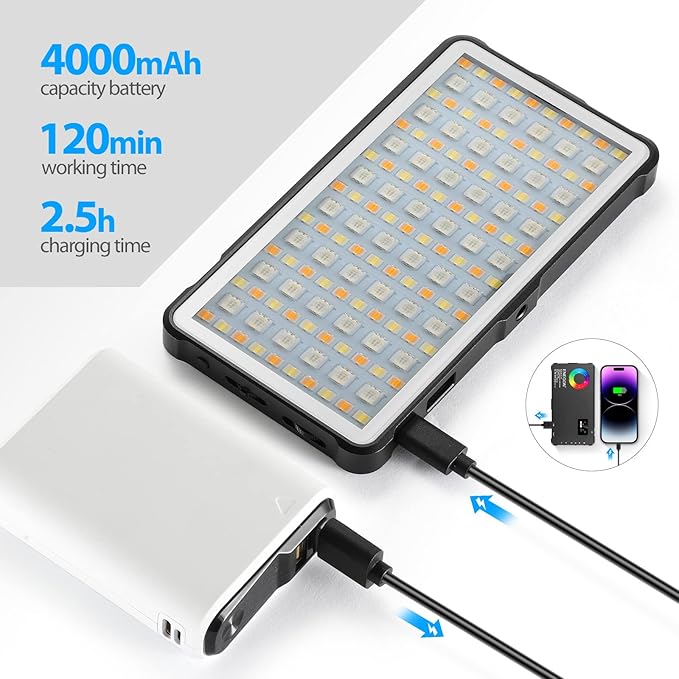 ENEGON RGB Video Light, Built-in 4000mAh Rechargeable Battery LED Camera Light Full Color 24 Common Light Effects, CRI≥95 2500-9000K LED Video Light Panel with Power Bank Function.