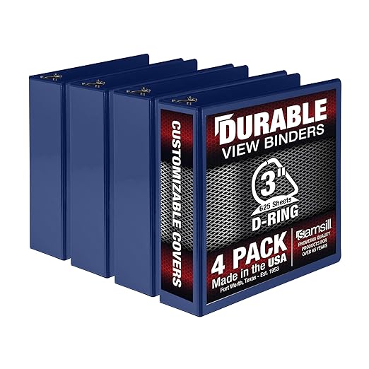 Samsill Durable 3 inch 3 Ring Binder, Made in USA, D Ring Binder, FSC 100% Recycled Chipboard, Blue, 4 Pack