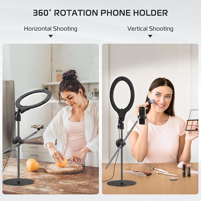 ULANZI Overhead Phone Mount Tripod with Light, 3500k-6500K 10" Desk Ring Light with Stand and Phone Holder for Video Recording, Zoom Meeting, Make Up, Cooking, Selfie, Live Streaming, Tiktok, YouTube