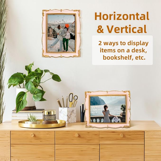 2 Pack 6x8 Inch Vintage Photo Frames, Antique Picture Frames with Golden Trim, Display Pictures Pink for Wall or Tabletop, Horizontal or Vertical