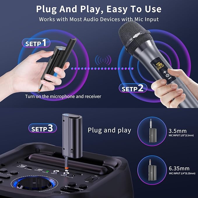 Karaoke Microphone Wireless Mic, Universal Professional UHF Dynamic Mic System with Receiver, Handheld Cordless Microphones for Singing,Wedding, DJ, Party, Speech, Church, Plug and Play