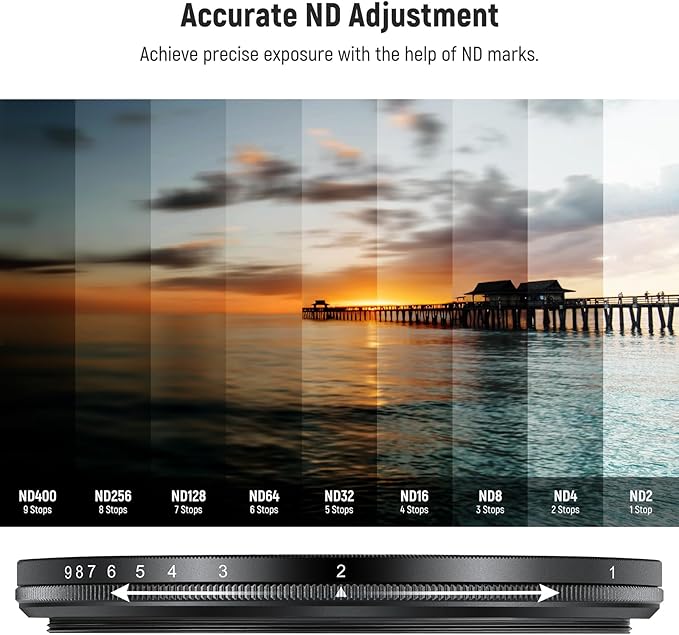 NEEWER 55mm ND2-400 (1-9 Stops) Variable ND Filter with Lens Cap, Lanyard, Cleaning Cloth, Precise Neutral Density Adjustment, Fingerprint & Scratch Resistant Multicoated Optical Glass