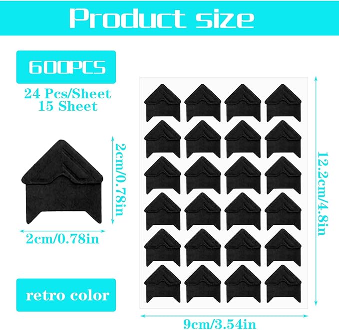 Classicseali 600 Pcs Photo Corner Stickers,Black Scrapbook Photo Corners, Photos Corners Self Adhesive for DIY Albums, Memory Books, and Journals