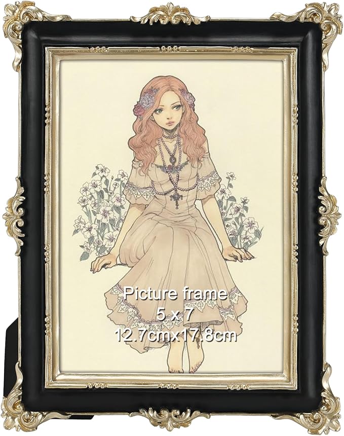 PHAREGE 5x7 Black Picture Frame with Gold Trim, Vintage Decorative Display Photo Frame 5 by 7, Ornate Antique Frame for Tabletop or Wall