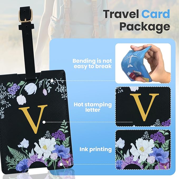 2 Pack PU Leahter Luggage Tags with PU Leather Straps, Fun Travel case Labels, Privacy-Protected ID Card Holders, Allowing for Quick Identification of Luggage and Easy locating of Your Bags (V)